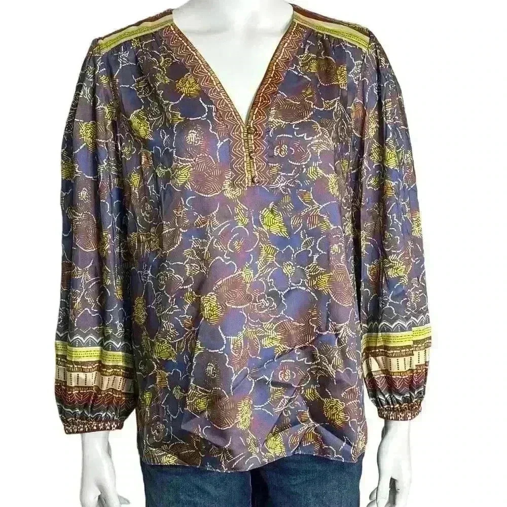 Current Air Los Angeles Floral Bordr Print Blouse Size Large - Picture 2 of 13